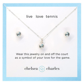 Tennis Ball Charm Necklace and Earrings Gift Set - Silver